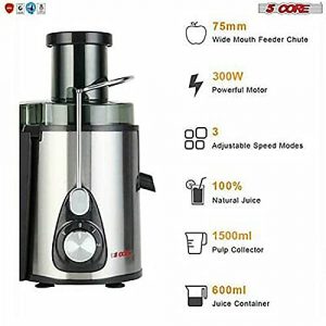 Premium Electric Juicer Machines Extractor 800W Wide Mouth Large 3” Feed chute Easy Clean Centrifugal 16 oz cup Fruit Vegetable Juice Maker BPA-Free with Juice Jug and Pulp Container 5 Core 306 S (306 S)