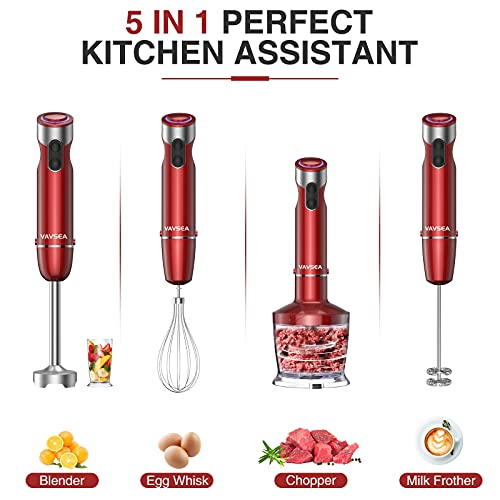 VAVSEA 1000W 5-in-1 Immersion hand Blender, 12 Speed Handheld Stick Blender with 304 Stainless Steel, with Chopper, Beaker, Egg Whisk, Milk Frother for Baby Food/Smoothies/Puree, BPA Free, Red