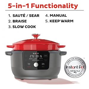 Instant Electric Precision Dutch Oven, 5-in-1: Braise, Slow Cook, Sear/Sauté, Cooking Pan, Food Warmer, Enamel Coated, Cast Iron, 6-Quart, 1500W, Red