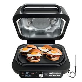 Ninja IG651 Foodi Smart XL Pro 7-in-1 Indoor Grill/Griddle Combo, use Opened or Closed, with Griddle, Air Fry, Dehydrate & More, Pro Power Grate, Flat Top Griddle, Crisper, Smart Thermometer, Black