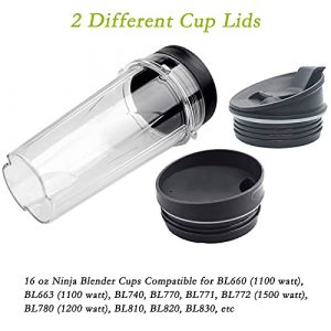 16oz Cups Compatible with Nutri Ninja Blender, 2 Cups with 2 Sip Lids Applicable to Nutri Ninja Replacement Parts BL770 BL780 BL660 Professional Blender 16 Oz (Pack of 2)