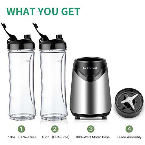 Smoothies Blender Personal Size 300 Watts with 2 Pieces 18 oz BPA Free Portable Travel Sports Bottles (Silver 2 Cups)