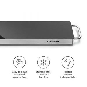 Chefman Long Electric Warming Plate Heating Element, Prep Food for Parties, Stainless Steel Frame & Tempered Glass Surface, Buffet at Home, for Trays & Dishes, Cool-Touch Handles, Black, 23.8