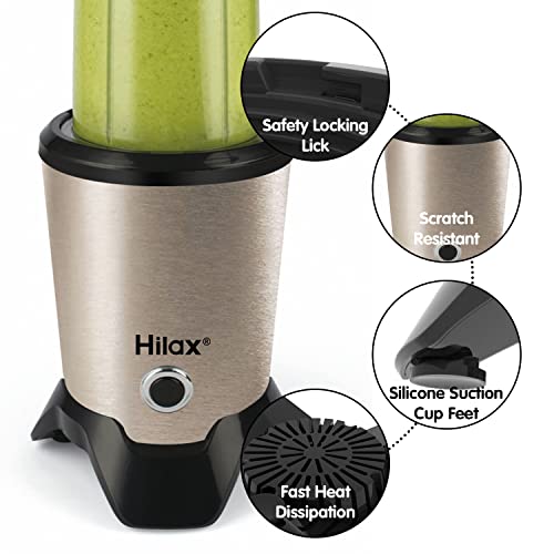 Hilax Blenders, 1200W Personal Bullet Smoothie Blenders, High Speed Blender and Small Coffee Grinder, 2-Set Blades, 35oz and 14oz Portable Travel Bottles and Lids, BPA Free (champagne)