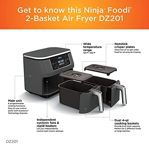 Ninja DZ201 Foodi 6-in-1 2-Basket Air Fryer with DualZone Technology, 8-Quart Capacity, and a Dark Grey Stainless Finish (Dark Grey Stainless) (Renewed)