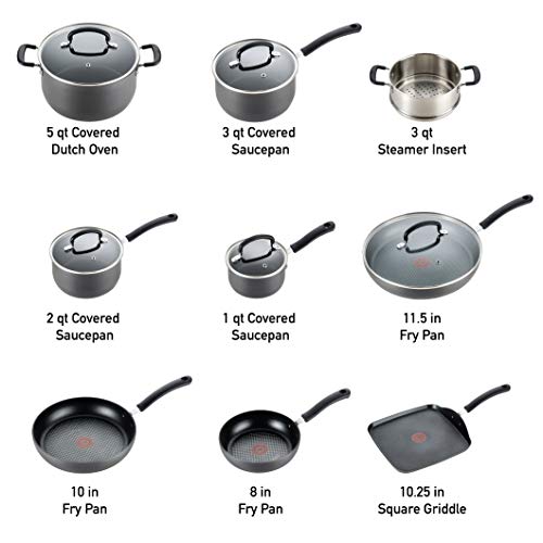 T-fal E765SEFA Ultimate Hard Anodized Nonstick 14 Piece Cookware Set, Dishwasher Safe Pots and Pans Set, Black