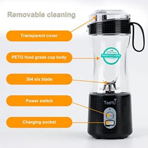 TastLi Portable Blender, Personal Size Blender for Shakes and Smoothies, Mini Travel Electric Fruit Juicer Cup Ice Mixer Smoothie Blender, with Powerful Motor, 6 Blades and USB Rechargeable 4000mAh (Black)