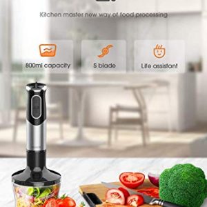 KOIOS 800W Immersion Hand Blender, Multifunctional 5-in-1 Low Noise Stick Mixer, 9-Speed, Stainless Steel, Titanium Plated Blade, includes 600ml Mixing Beaker, 800ml Chopper, Whisk Attachment, and Milk Frother