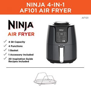 Ninja Air Fryer, 1550-Watt Programmable Base for Air Frying, Roasting, Reheating & Dehydrating with 4-Quart Ceramic Coated Basket (AF101), Black/Gray (Renewed)