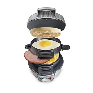 Hamilton Beach Breakfast Sandwich Maker with Egg Cooker Ring Customize Ingredients, Perfect for English Muffins, Croissants, Mini Waffles, Makes a Gift, Single, Silver