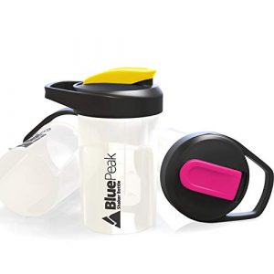 BluePeak Protein Shaker Bottle 20 oz with Dual Mixing Technology, Strong Loop Top, BPA Free, Shaker Balls & Mixing Grids Included - On-The-Go Small Protein Shakers (2 Pack - Black & Pink)