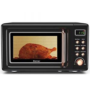 COSTWAY Retro Countertop Microwave Oven, 0.7Cu.ft, 700-Watt, High Energy Efficiency, 5 Micro Power, Delayed Start Function, with Glass Turntable & Viewing Window, LED Display, Child Lock (Gold)