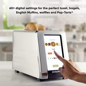 Revolution InstaGLO R180 Toaster. 2-Slice, high-end stainless steel design. Features touchscreen with high-speed smart settings for perfectly toasted bagels, English muffins, toast, Pop-Tarts and waffles. Fresh, frozen, or reheat with 7 toastiness levels.