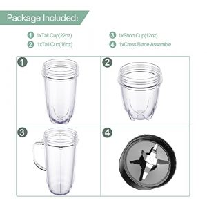 4-piece MB Blender Replacement Set 22oz Tall Mug Cup 16oz Cup 12oz Short Cup and Cross Blade Replacement Parts Compatible with Magic Bullet 250 watt Blenders Mb1001 Series