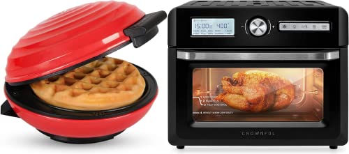 CROWNFUL Mini Waffle Maker Machine(Red) and CROWNFUL 19 Quart Air Fryer Toaster Oven (Black)