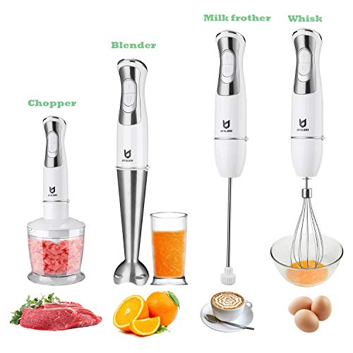 Immersion Hand Blender, UTALENT 5-in-1 8-Speed Stick Blender with 500ml Food Grinder, BPA-Free, 600ml Container,Milk Frother,Egg Whisk ,Puree Infant Food, Smoothies, Sauces and Soups - White