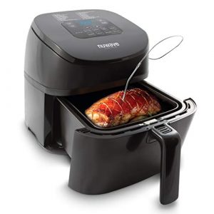 NUWAVE Brio 4.5-Quart Digital Air Fryer includes precise temperature control, one-touch digital controls, 6 easy presets, wattage control, recipe book, Nuwave Cooking Club App, and advanced functions like PREHEAT or REHEAT