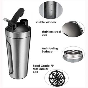 Stainless Steel Protein Shaker Bottle with Mixing Ball,Leak-Proof Protien Shakers Cup, Visible Measuring Window,Safe BPA Free Blender Bottles for Protein Mixes 28oz Gym Workout Fitness (Silver)