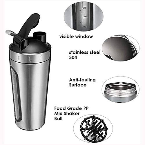 Stainless Steel Protein Shaker Bottle with Mixing Ball,Leak-Proof Protien Shakers Cup, Visible Measuring Window,Safe BPA Free Blender Bottles for Protein Mixes 28oz Gym Workout Fitness (Silver)