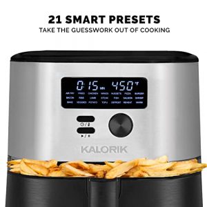 Kalorik MAXX® Digital Air Fryer FT 50930 OW | 7 Quart 7-in-1 Oilless Air Fryer for Low Fat Cooking | Deluxe LED Display + 21 Smart Presets | 4 Accessories — Trivet, Cake Barrel, Skewer Set, & Silicon Mat | Recipe Book | 1750W | Stainless Steel