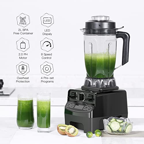 Blender Smoothie Maker, 1450W Professional Blender with 8 Speed Control, 2L BPA-Free Tritan Container, 8 Stainless Steel Blades,High Speed Commercial Blender 33000 RPM / Min, 4 Preset Programs.Juicer for Ice, Nuts, Soup, Frozen Dessert,Sauce