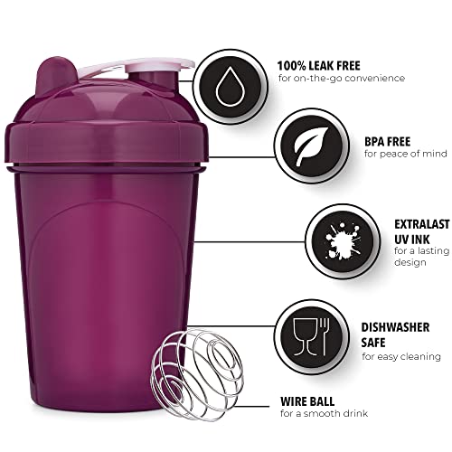 [4 Pack] 20-Ounce Shaker Bottle | Protein Shaker Cup 4-Pack with Wire Whisk Balls (Coral/White, Purple, Mint/White, Rose) | Protein Shaker Bottle Set is BPA Free and Dishwasher Safe