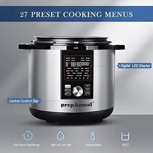 prepAmeal 8Qt Pressure Cooker & Air Fryer Combo with Pressure Lid and Air-Fry Lid - 7-in-1 cooking Modes, Easy Read LCD Display, 27 Presets Programs, & 8 Program Storage. (Silver, 8 Quart)