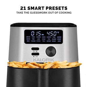 Kalorik MAXX® Digital Air Fryer FT 50931 OW | 6 Quart 7-in-1 Oilless Air Fryer for Low Fat Cooking | Deluxe LED Display + 21 Smart Presets | 4 Accessories — Trivet, Cake Barrel, Skewer Set, & Silicon Mat | Recipe Book | 1750W | Stainless Steel