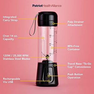 PATRIOT HEALTH ALLIANCE Patriot Power Blender, Portable, Cord-Free USB Rechargeable Mini Blender, Make Smoothies, Protein Shakes, Slushies for Kids & Margaritas On-The-Go, Ideal for Travel, Gym, Camping