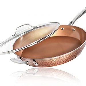 Gotham Steel 14” Nonstick Fry Pan with Lid – Hammered Copper Collection, Premium Aluminum Cookware with Stainless Steel Handles Dishwasher & Oven Safe
