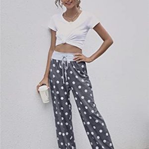 Women's Comfy Casual White Dot Print High Waist Drawstring Pajama Pants Casual Loose Wide Leg Pants Sweatpants Trousers X-Large
