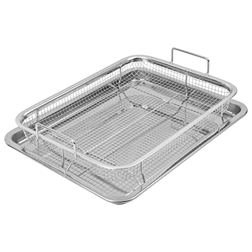 Eyourlife 2 Piece Stainless Steel Crisper Tray and Basket 13 x 8.6 Inch, Oven Air Fryer Pan Mesh Basket Set, Crisper Oven Tray for French Fry/Frozen Food(Silver)