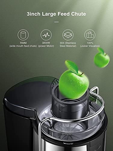 Juicer Machines 1000W Juice Extractor with 75MM Wide Mouth fro Whole Fruit and Vegetables, Anti-slippery Feet and Easy Cleaning, Stainless Steel Centrifugal Juicer with 2 Speeds, BPA Free