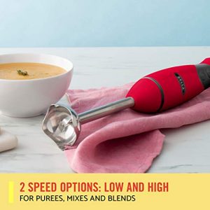 BELLA Immersion Hand Blender with Whisk Attachment, Quickly Mixes Sauces, Purees Soups, Smoothies & Dips, BPA-Free, Easy To Clean, Stainless Steel/Red