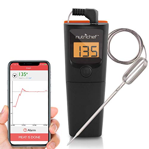 NutriChef PWIRBBQ90 Bluetooth Meat Thermometer Smart Wireless Kitchen Remote Instant Read BBQ Temperature Probe for Grill, Normal