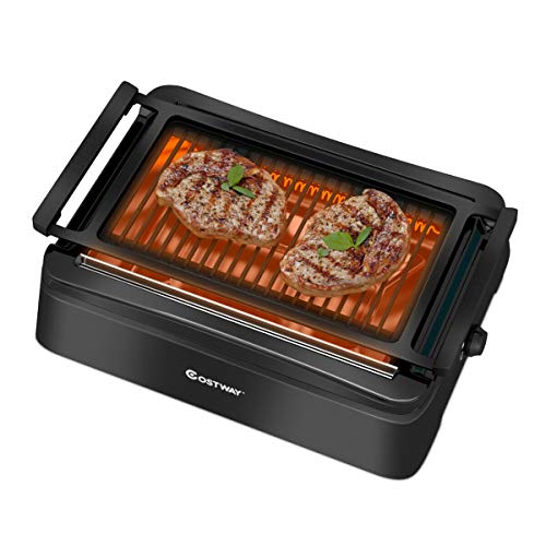 COSTWAY Smokeless Grill, Compact & Portable Indoor Electric BBQ Grill w/ Advanced Infrared Technology, Constant Temperature Barbecue Grill, Non-stick Surface & Removable Drip Tray for Easy Cleaning, Black (19"L×15"W×6.7"H)