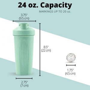 Healthier Comforts Eco-Friendly Shaker Bottle w/ Mixer Ball, 24 oz. (700ml) | BPA Free, Wheat Straw, Sustainable| Protein Drinks, Smoothies, Pre-Workout | Dishwasher Safe, Shatter-Proof (Mint)