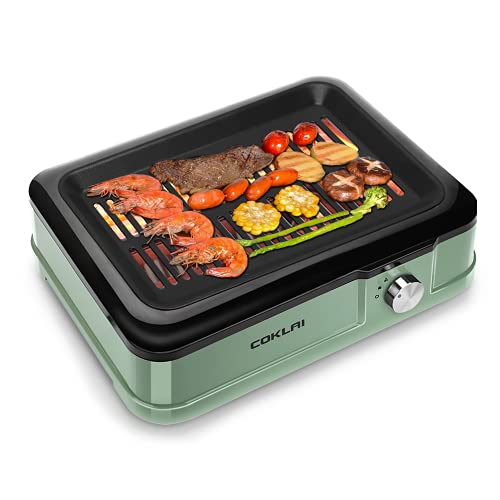 Indoor Grill Electric Grill, COKLAI Smokeless BBQ Grill, Infrared Grill with Removable Nonstick Grill Surface, Dishwasher-Safe Drip Tray, Constant Grilling Temperature 1660W, Green
