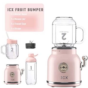 Smoothie Blender, ICX Personal Blender for Shakes and Smoothies, Retro Smoothie Maker Portable Blender with 6 Sharp Blades, 21oz Travel Cup and Lids Pink