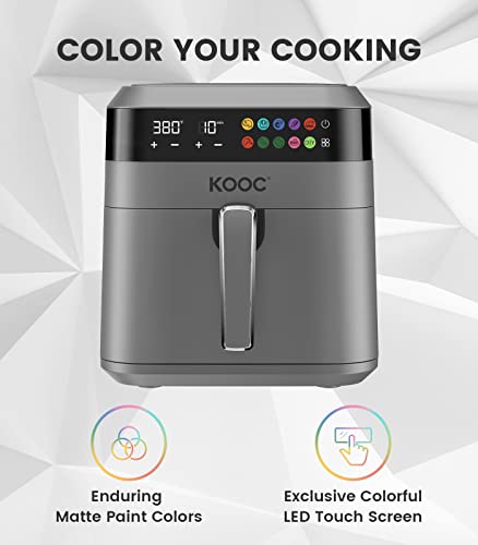 KOOC XL Large Air Fryer, 6.5 Quart Electric Air Fryer Oven, Free Cheat Sheet for Quick Reference, 1700W, LED Touch Digital Screen, 10 in 1, Customized Temp/Time, Nonstick Basket, Grey