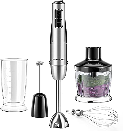 5-in-1 Immersion Blender, REDMOND Hand Blender 12-Speed Powerful Electric Stick Blender with 4 Stainless Steel Attachments, with Egg Whisk, Milk Frother, Food Chopper and Container for Smoothie, Food and Juice