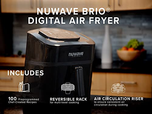NUWAVE Brio 7-in-1 Air Fryer Oven Combo, 7.25-Qt with One-Touch Digital Controls, Fits up to 6 LB. Chicken, Easy-to-Read Cool White Display, 100 Pre-Programmed Presets & 50 Memory Slots to Save & Recall Favorite Recipes, 50°-400°F Temperature Controls in 5° Increments, Linear Thermal (Linear T) for Perfect Results, Powerful 1800 Watts - 3 Wattage Settings 700, 1500, & 1800, Non-Stick Air Circulation Riser & Never-Rust Reversible Stainless Steel Rack Included