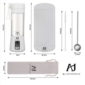 AJ Enterprise Portable Smoothie Blender - Includes Spoonstraw Set, Mini Hearts Ice Tray, Bonus EXCLUSIVE eBook - 380ml, 13oz Cup, 6 Blades, Rechargeable, Cordless Personal Size Handheld Fruit Juice Mixer - Home, Travel, Gym, Sports, Kitchen, Instant (white)