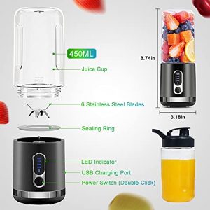 Portable Blender, Togala Personal Blender, 15.2 Oz Fruit Mixer Blender for Kitchen Travel Office, USB-C Rechargeable Mini Blender with Six Blades for Smoothies Shakes and Juice (2021 Black)