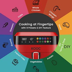 KOOC XL Large Air Fryer, 6.5 Quart Electric Air Fryer Oven, Free Cheat Sheet for Quick Reference, 1700W, LED Touch Digital Screen, 10 in 1, Customized Temp/Time, Nonstick Basket, Red