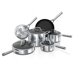 Ninja C69500 Foodi NeverStick Stainless 10-Piece Cookware Set with Glass Lids, Polished Stainless-Steel Exterior, Nonstick, Durable & Oven Safe to 500°F, Silver