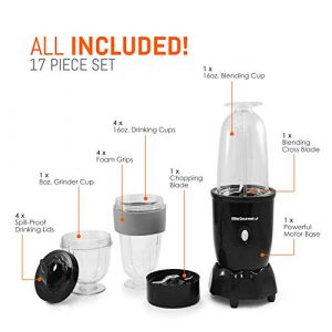 Elite Gourmet Personal Electric Drink Blender, Smoothie, Shakes, Juice, Pulse Switch, 300 Watts (7PC, Black)