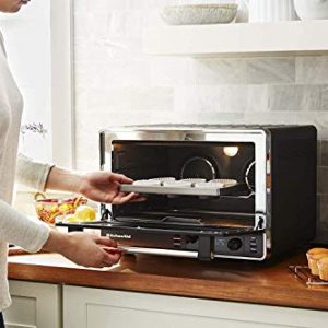 KitchenAid KCO255BM Dual Convection Countertop Toaster Oven, 12 preset cooking functions to roast, bake, fry meals, desserts, grill rack, baking pan, Digital display, non-stick interior, Matte Black (RENEWED)