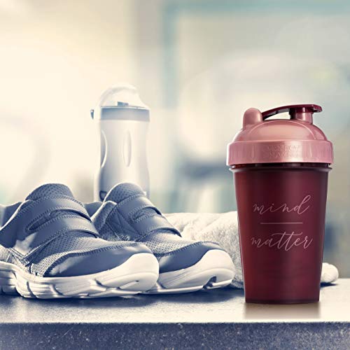 20-Ounce Shaker Bottle with Action-Rod Mixer | Shaker Cups with Motivational Quotes | Protein Shaker Bottle is BPA Free and Dishwasher Safe | Mind Over Matter - Maroon/Rose - 20oz