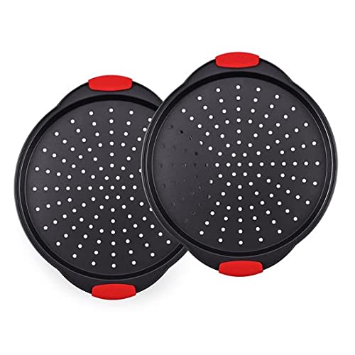 2-Pc. Non-Stick Pizza Tray - with Silicone Handle, Round Steel Non-stick Pan with Perforated Holes, Dishwasher Safe, Pizza Tray with Silicone and Oversized Handle, PFOA, PFOS, PTFE Free - NCBPIZX2